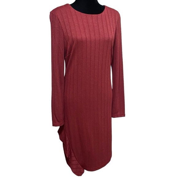 Sam Edelman Red Metallic Ribbed Asymmetrical Ruffle Bodycon Dress Size 8 - Picture 2 of 7